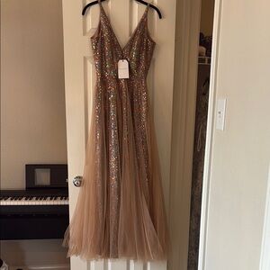 Dress the Population Pink Embellished Tiered Prom Gown